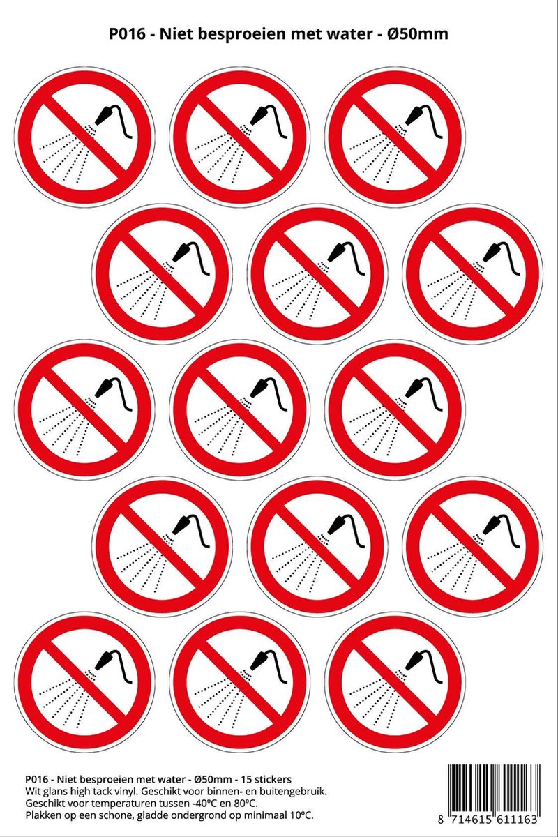 Pictogram sticker P016 - Niet besproeien met water - Ø 50mm - 15 stickers op 1 vel