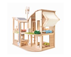 PlanToys Houten Speelgoed Groen poppenhuis met meubels