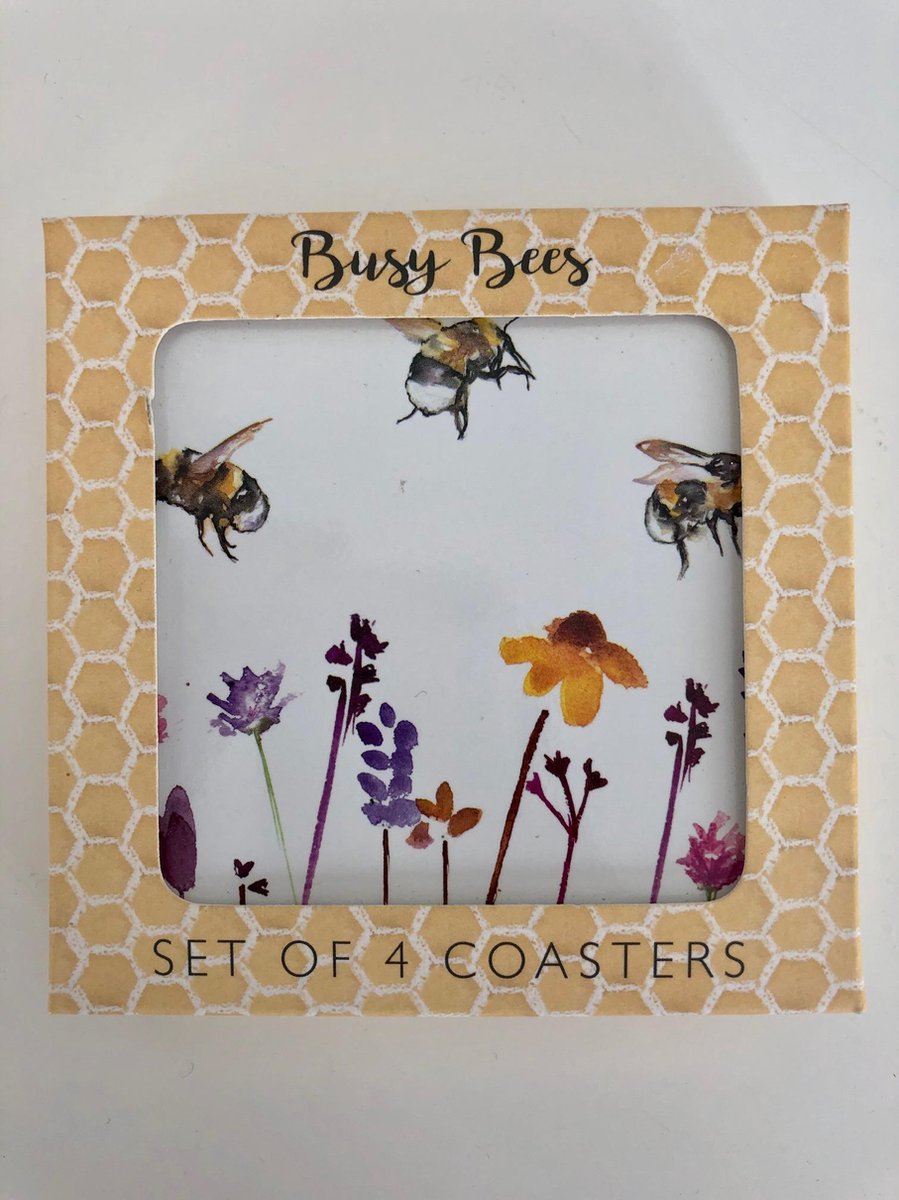 glasonderzetter / onderzetter met afbeelding bij / bijtjes / bees Set van 4 stuks in cadeauverpakking .