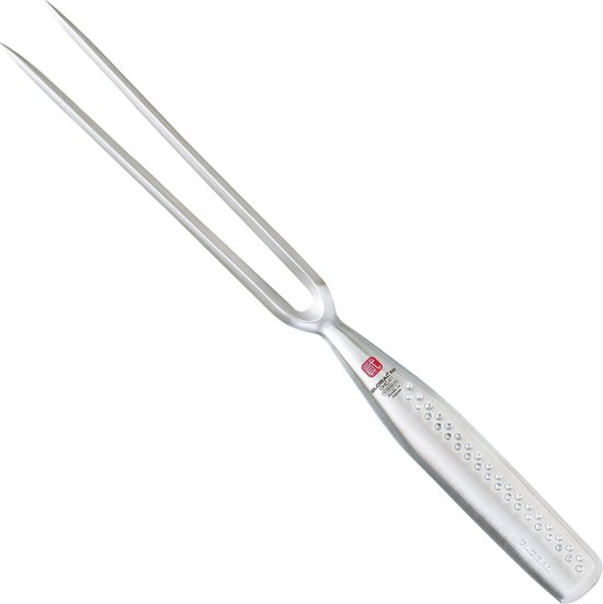 Une fourchette à viande Global en acier inoxydable de 35cm de long. La fourchette a deux pointes acérées et un manche argenté à pois avec le logo Global.