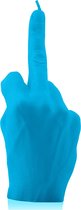Fluorescerend blauw gelakte figuurkaars, design: Hand FCK Hoogte 22 cm (30 uur)
