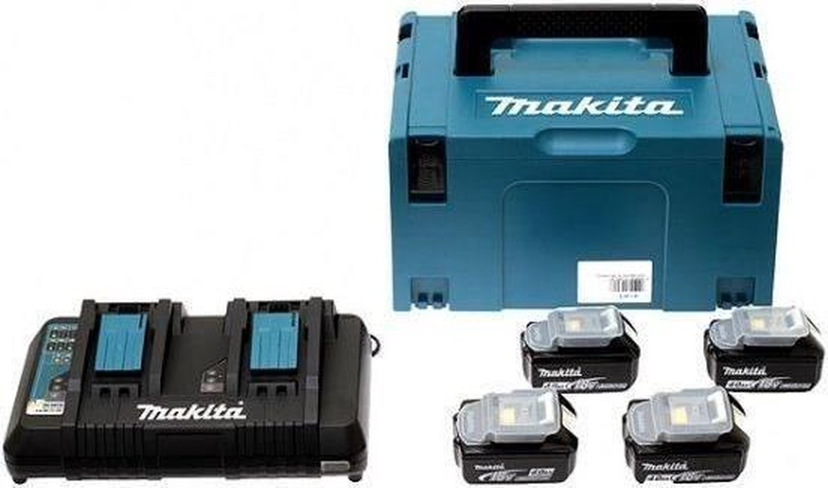 Makita Energy Pack 18 V Li-ion 4 batterijen (4Ah) + 1 dubbele oplader in Makpac-box 197503-4