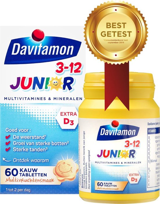 sigaar Spanje vertaling Davitamon Junior 3+ Kauwvitamines - kinder multivitamine - multifruit- 60  tabletten | bol.com