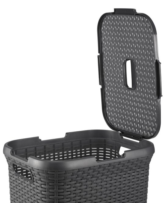 Panier à linge gris avec couvercle ouvert, gros plan de la structure.