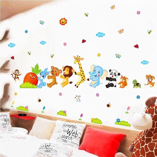 XL Vrolijke Dieren Muursticker - Decoratie Stickers Muur & Wand - Voor Slaapkamer / Kinderkamer / Babykamer Jongens & Meisjes - Muurdecoratie Wanddecoratie