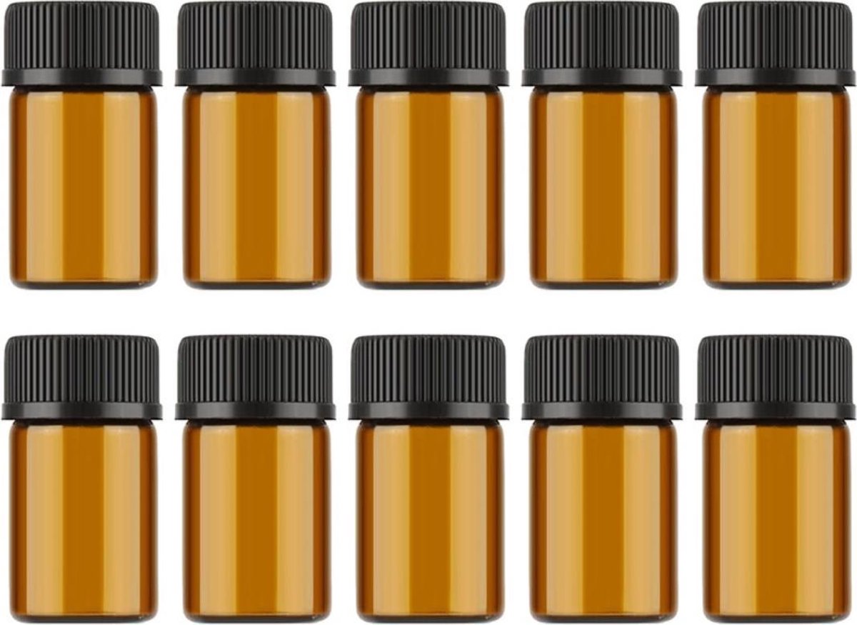 Glazen sample flesje - 2 ml - Amber bruin - Etherische olie - Parfum - Hervulbaar - Lek vrij - 5 stuks