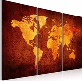Schilderij - Oranje Wereld - Wereldkaart , 3 luik