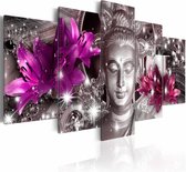 Schilderij - Zen of Glitter , boeddha , paars grijs , 5 luik