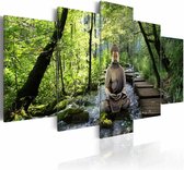 Schilderij - Boeddha - In het bos, Groen, 5luik , premium print op canvas