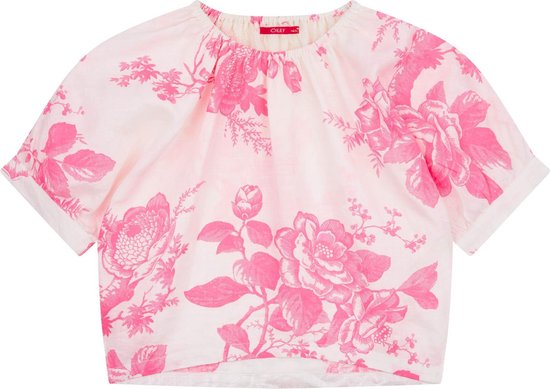 Bloei linnen blouse met fluo bloemenprint en zilveren details