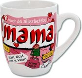 Moederdag - Verjaardag - Cartoon Mok - Voor de allerliefste mama - Gevuld met een dropmix - In cadeauverpakking met gekleurd krullint