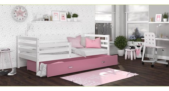 Houten kinderbed wit frame roze lade 190x80cm met matras