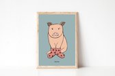 Kind Piggy Kinderkamer Poster 30x40cm, Blauwe Poster - Varken Poster