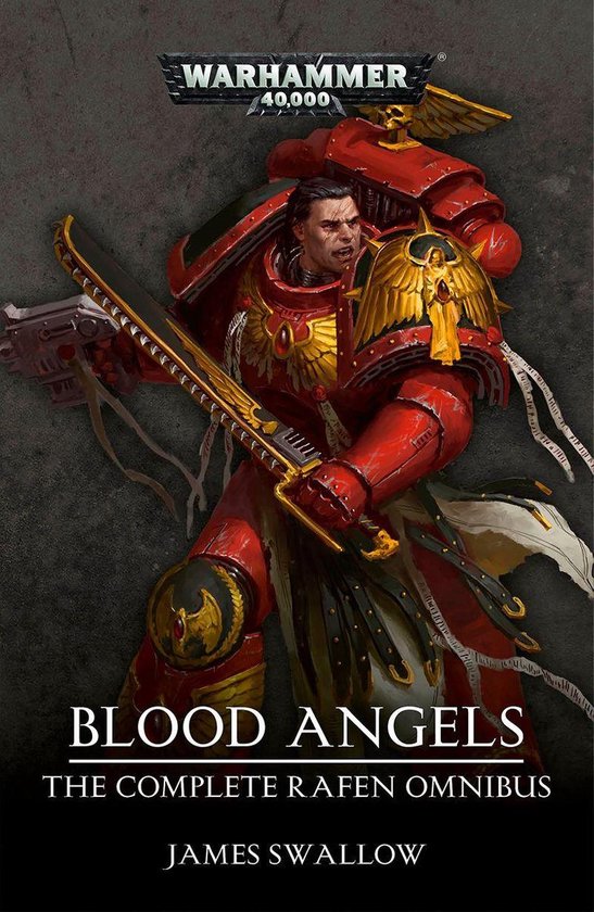 Warhammer 40.000: Blood Angels. Een Space Marine in rood pantser met gouden vleugels en een zwaard.