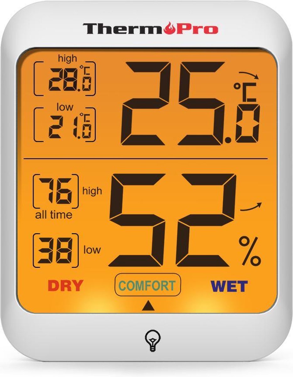 ThermoPro TP-53 Hygrometer - Luchtvochtigheidsmeter - Thermometer voor binnen - Helder & verlicht LCD scherm - Touch - Ophangbaar/Magneet