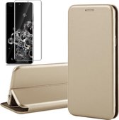 Hoesje geschikt voor Samsung Galaxy S20 Ultra - Screen Protector GlassGuard - Book Case Leer ThinShield Goud & Screenprotector