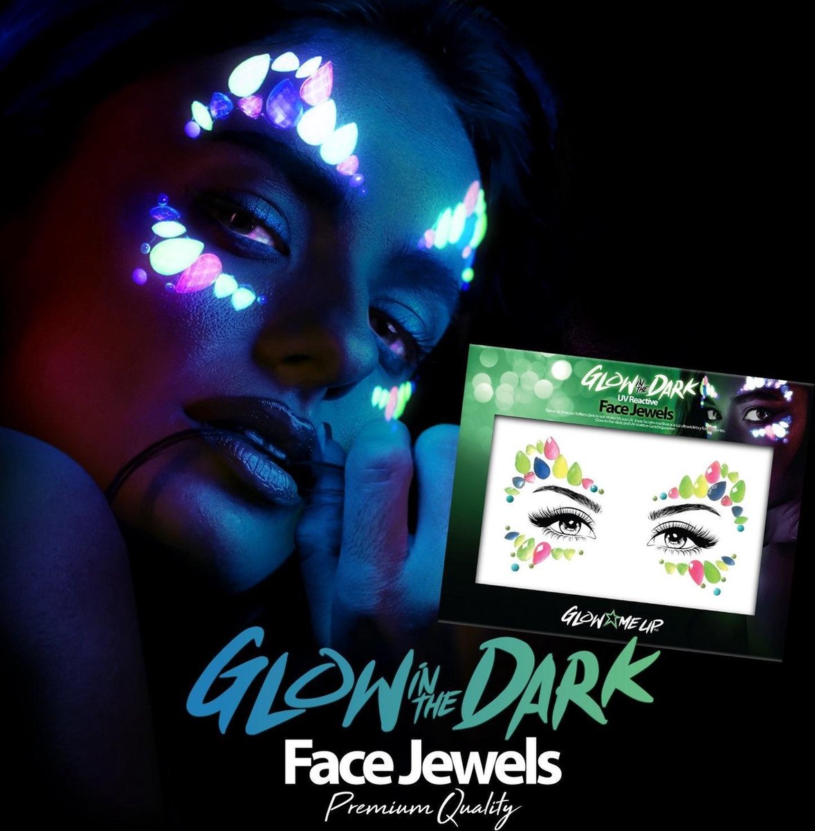 Face Jewels "Glow In The Dark" Gezicht juwelen Plak steentjes Glitter Strass...