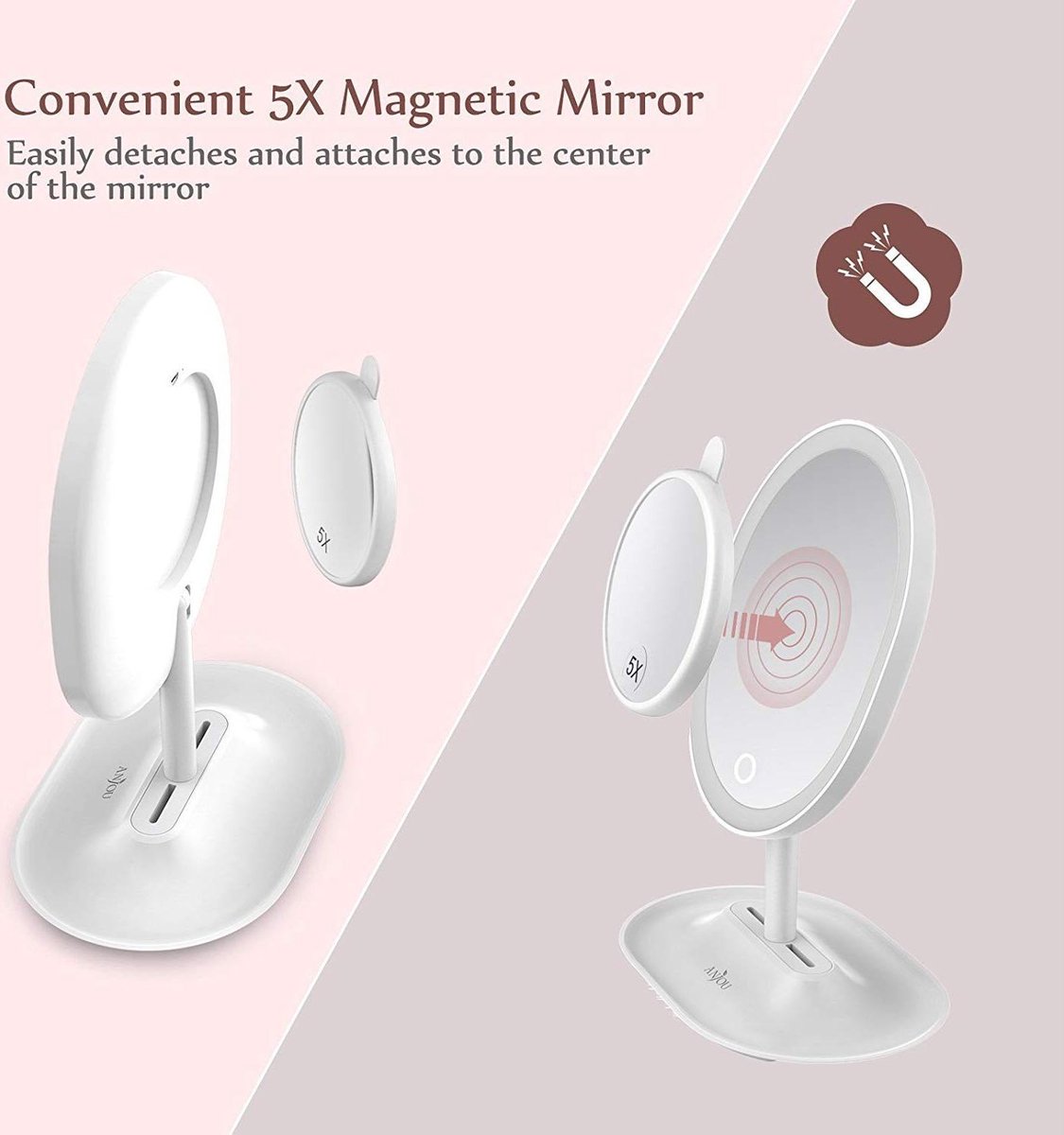 Anjou MakeUp Mirror Rechargeable LED White + 5x Mini Draagbare Mini
