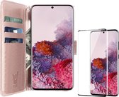 Hoesje geschikt voor Samsung Galaxy S20 - Screen Protector FullGuard - Book Case Leer Pasjeshouder Rosegoud & Screenprotector