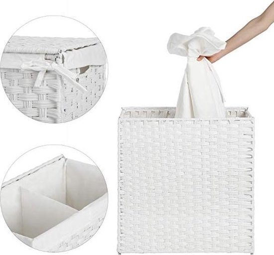 SONGMICS Wasmand met deksel, wasmand van 110 liter, 2 vakken, uitneembare voeringen met handgrepen, handgeweven synthetisch rotan, voor slaapkamer, badkamer, wasruimte, 33 x 57 x 60 cm, zwart LCB52BK