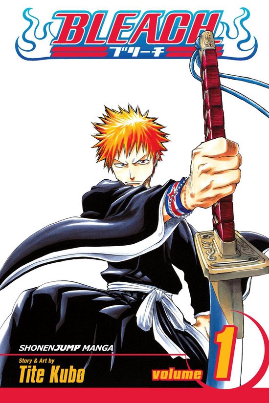 La couverture du manga Bleach Volume 1 montre Ichigo Kurosaki aux cheveux orange tenant un katana. Le titre 'BLEACH' est en haut.