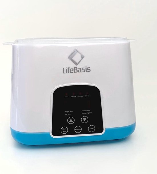 LifeBasis Flesverwarmer - 6 in 1 Multifunctionele Baby Flessenwarmer & Sterilisator  - Opwarmen en Ontdooien - 24-uurs warmhoudfunctie - Inclusief Schoonmaak set - Wit met Blauw