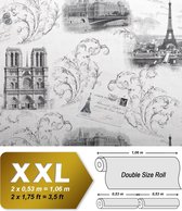 Romantisch behang EDEM 9050-10 vliesbehang Parijs Eiffeltoren Notre Dame gestempeld shabby chic glanzend wit grijs 10,65 m2