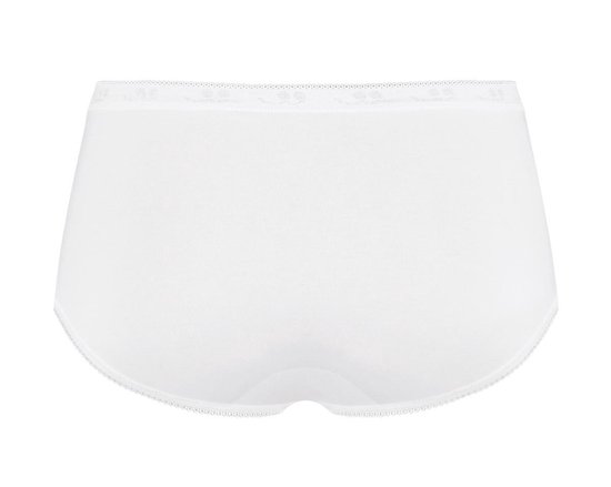 Achterkant van een witte Sloggi midi slip met kanten boord aan de taille en beenopeningen.