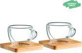 Espresso kopjes - Espresso set - dubbelwandige espresso glaasjes - Bamboe onderzetter - set van 2