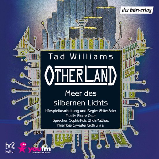 Boek 'Otherland: Meer des silbernen Lichts' met futuristisch, blauw circuitbord-ontwerp.