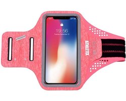 Premium Sportarmband - Universele Hardloop Armband - iPhone, Samsung & Huawei - Smartphonehouder - Reflecterend, Spatwaterdicht, Sleutelhouder, Verstelbaar - Lycra - Roze Sportarmband - ATHLETIX