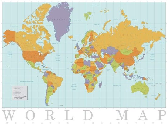 Wereldkaart poster- overzicht landen hoofdsteden oceanen educatief - decoratief- formaat  61 x 81 cm.