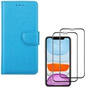 Bookcase Geschikt voor: iPhone 11 Pro - turquoise - portemonee hoesje + 2X Full cover Tempered Glass Screenprotector