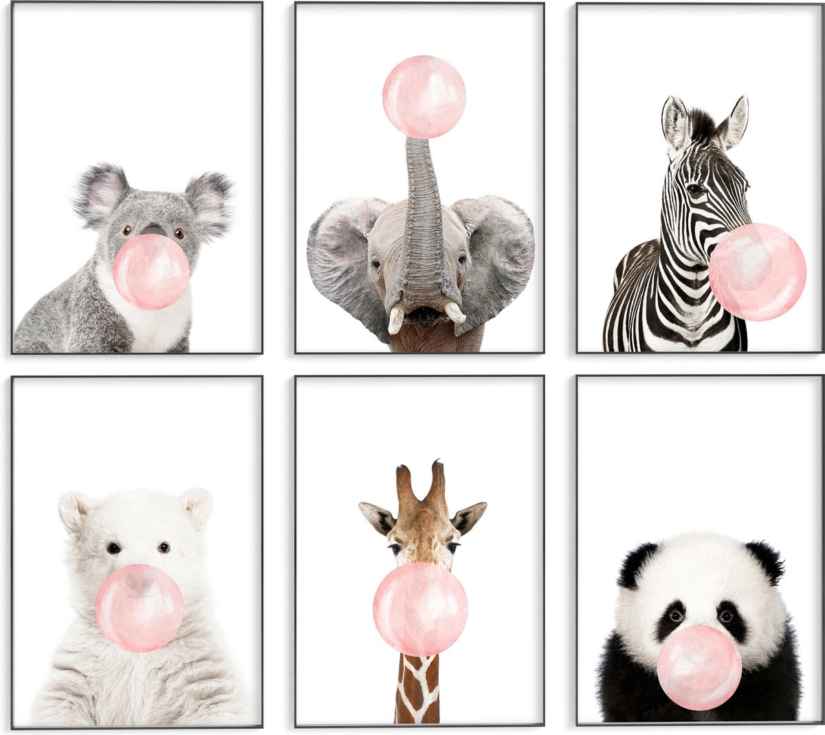 Kinderkamer/babykamer posters 6 stuks 30x40 cm Dieren met roze