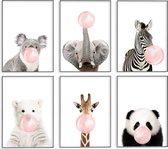 Kinderkamer/babykamer posters – 6 stuks - 30x40 cm - Dieren met roze kauwgombel