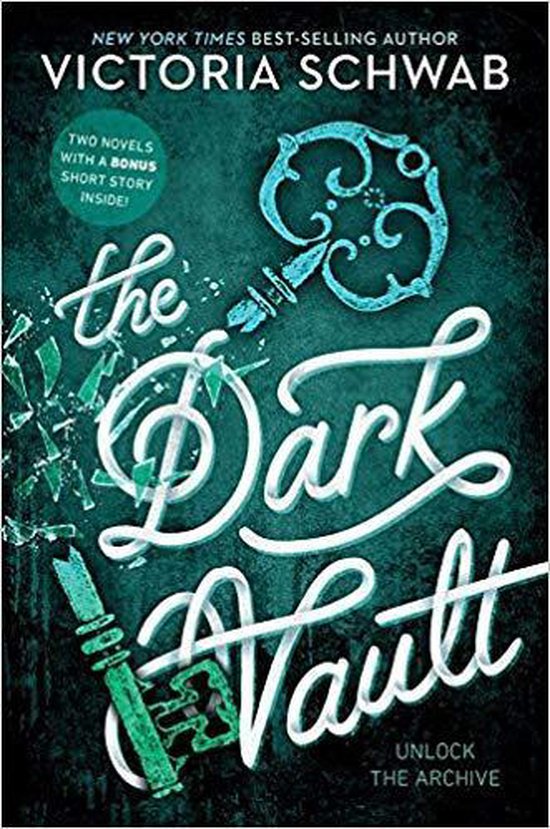 Boek 'The Dark Vault' van Victoria Schwab. De cover heeft een donkere achtergrond met een grote, sierlijke sleutel in groen en turquoise, en gebroken glas.