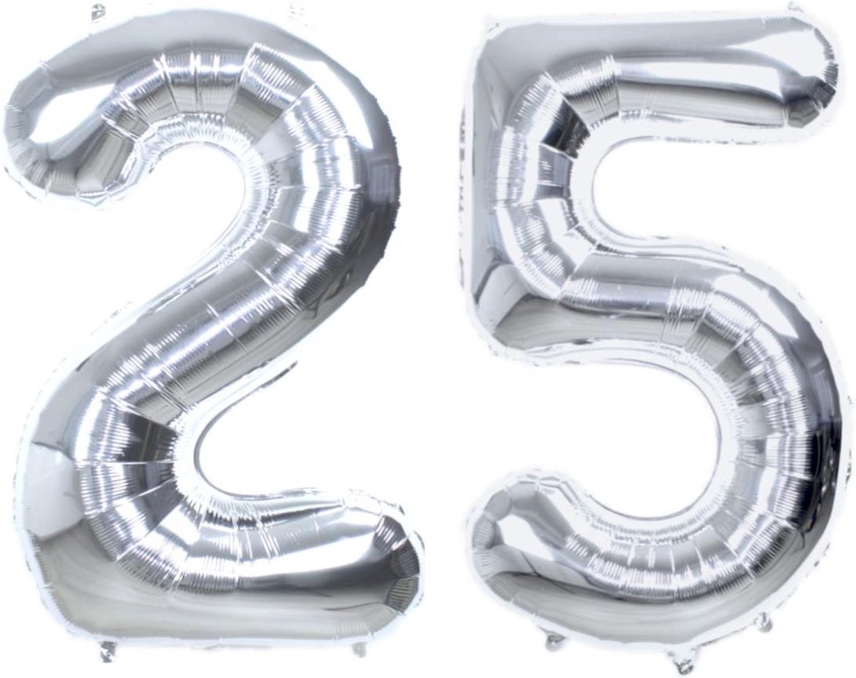 Folie Ballon Cijfer 25 Jaar Zilver 86Cm Verjaardag Folieballon Met Rietje