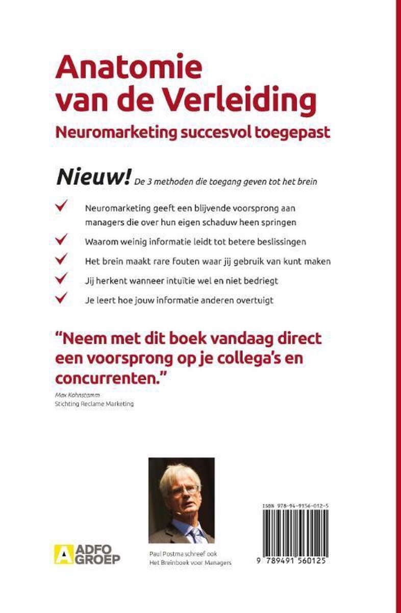 Boek "Anatomie van de Verleiding" met een foto van Paul Postma en de tekst "Neem met dit boek vandaag direct een voorsprong op je collega's en concurrenten."