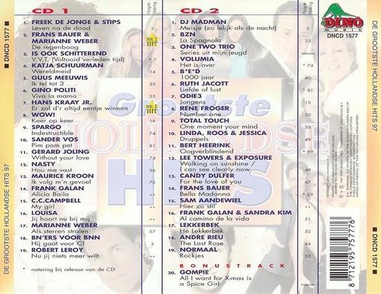 Achterkant van de albumhoes van "De Grootste Hollandse Hits '97" met tracklijsten.