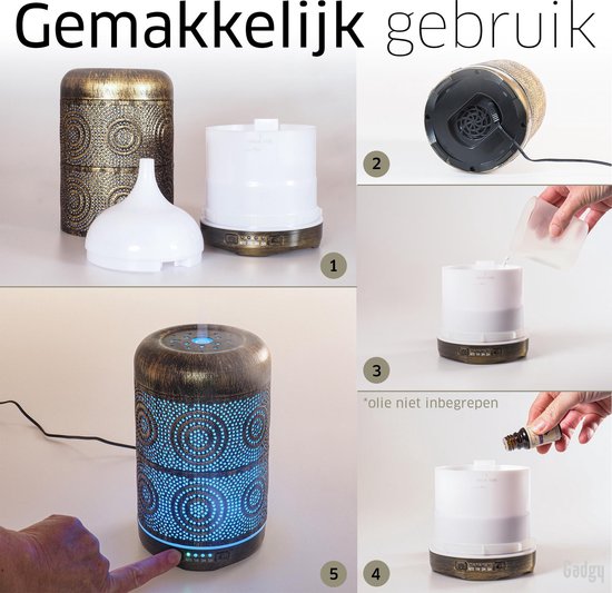 Aroma Diffuser – Geurverspreider - Aromatherapie vernevelaar – Luchtbevochtiger – Verdamper - metaal – Sfeerverlichting met 7 kleuren