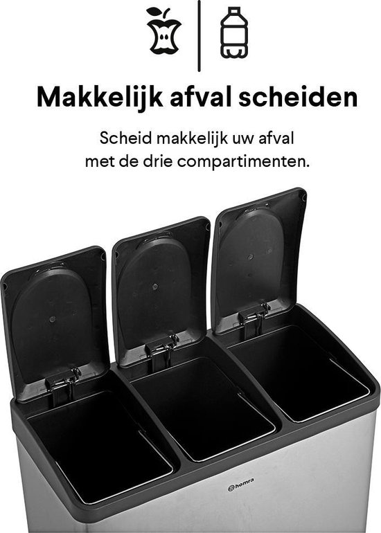 Homra Stephs Prullenbak Afvalscheiding 45 Liter - RVS Prullenbak 3 vakken - Trio Prullenbak 3 X 15 Liter - Pedaalemmer - Vuilnisbak voor huishouden en kantoor - Recycle Vuilbak keuken Afvalemmer - Afvalscheidingsprullenbakken - Afbeelding 9