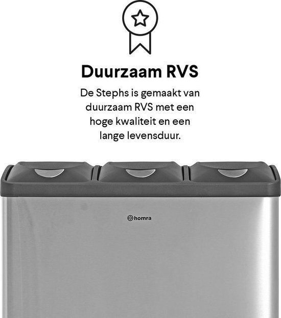 Homra Stephs Prullenbak Afvalscheiding 45 Liter - RVS Prullenbak 3 vakken - Trio Prullenbak 3 X 15 Liter - Pedaalemmer - Vuilnisbak voor huishouden en kantoor - Recycle Vuilbak keuken Afvalemmer - Afvalscheidingsprullenbakken - Afbeelding 10