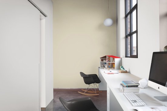 Lichte groene muur in een studeerkamer met bureau, computer en stoelen.