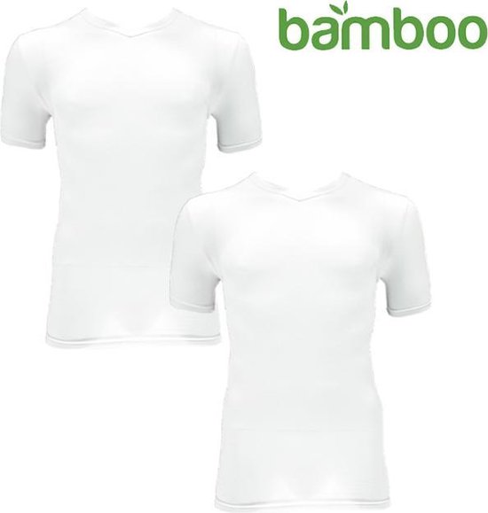 Twee witte bamboe V-hals T-shirts, een voor en een schuin van voren gepresenteerd, met groen 'bamboo' logo.