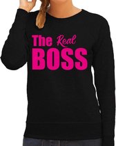 The real boss sweater / trui zwart met roze letters voor dames XS