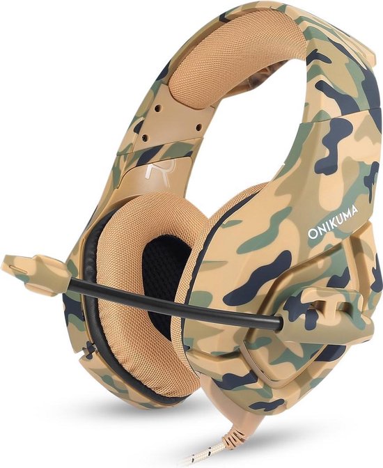 ONIKUMA K1B-CAM, Gaming headset, bedraad, verstelbare microfoon, camouflage, LED’s (via USB), 1 x 3,5mm aansluiting en 50mm element, geel, groen