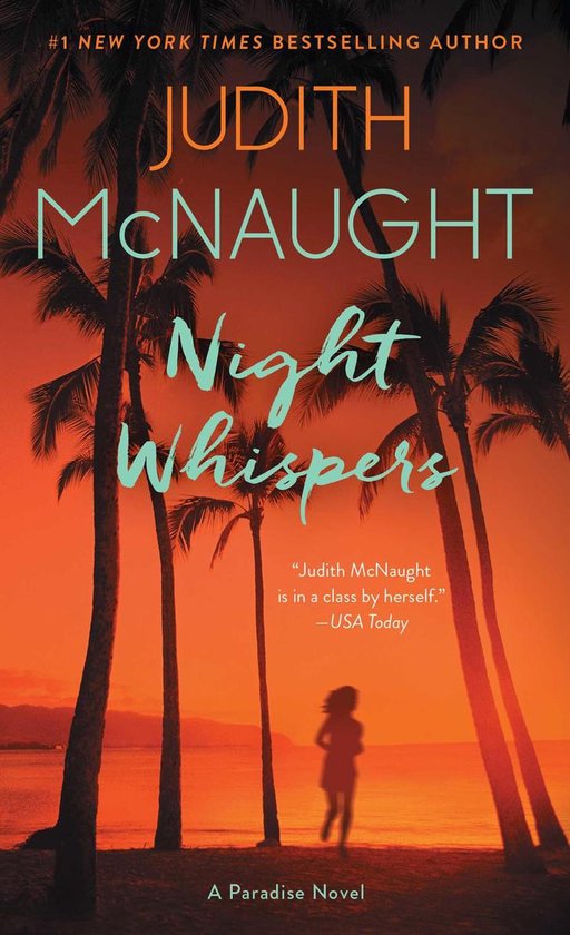 Boekomslag: 'Night Whispers' van Judith McNaught, met palmbomen tegen een oranje zonsondergang en een silhouet van een rennend meisje.