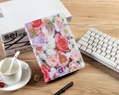 P.C.K. Hoesje/Boekhoesje/Bookcover/Bookcase/Book draaibaar wit met roze bloemen print geschikt voor 10 inch Tablets universeel  MET GLASFOLIE/TEMPEREDD GLASS