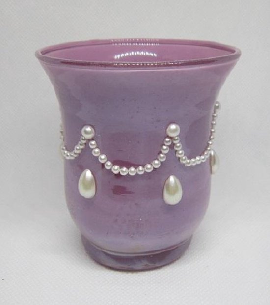 Waxinelichtjeshouder in lila met witte parel, set van 3 stuks, glas: H 9,5 x Ø 8 cm