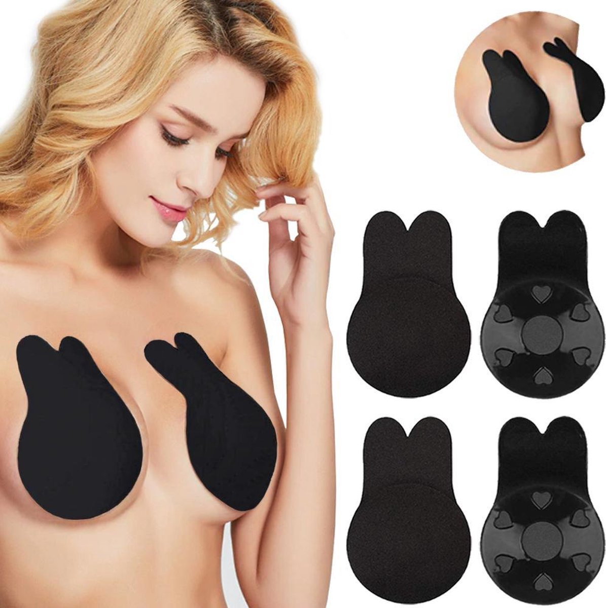 LYVION Strapless BH Plakbeha A - Plak BH - Zelfklevende borstlift - Lingerie - Strapless lift effect - Push up - Diameter 9 cm - Zwart